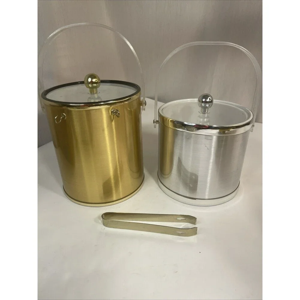2 Vintage Gold Silver Ice Buckets Plastic, Clear Lid, Tongs Made In Taiwan